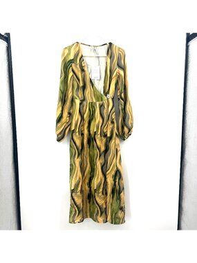 NWT & Other Stories Green Yellow Swirl Midi Wrap Dress Women's 0